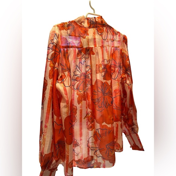 Vibrant Red Floral Sheer Blouse - Picture 4 of 7